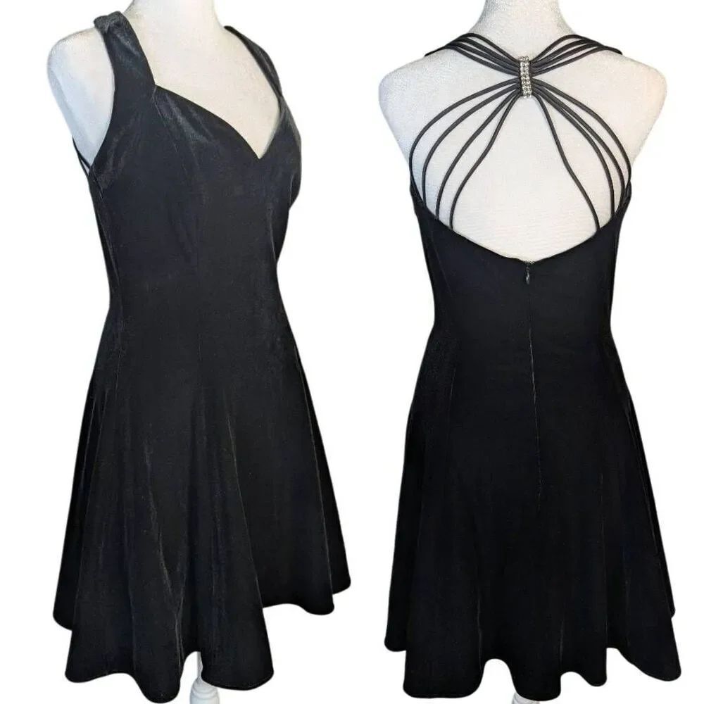 Betsy & Adam Vintage 90s black velvet strappy back mini party dress womens S